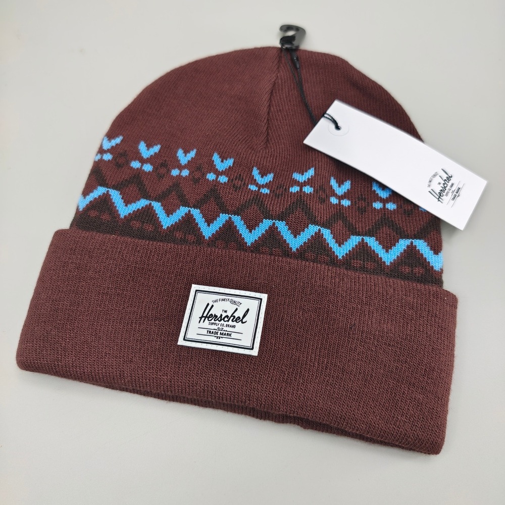 Herschel Supply Co Abbott Beanie Brown Blue Fair Isle Knit Cuffed Hat NWT